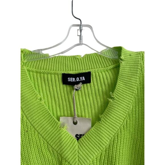 NWT SER.O.YA Syd Sweater Women Size Medium Neon Green Distressed Grunge V-neck‎ - Picture 5 of 12